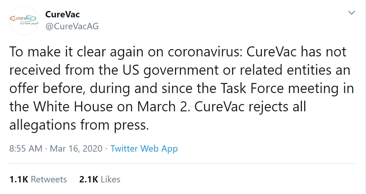 CureVac IPO: Company responds to allegations with a tweet, denying all rumors.