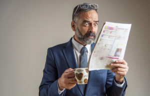 A middle-aged businessman is shocked reading the paper to see what happened to tech stocks today.