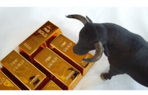 A bull looking at bars of gold, representing SPDR gold shares