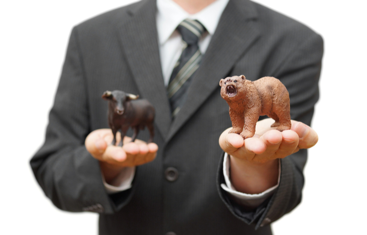 Man choosing between a bull and bear wondering if he should sell put options