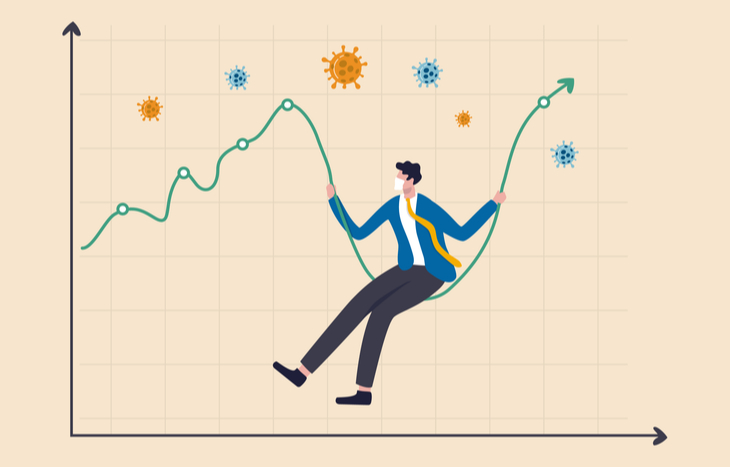 Cartoon man swing trading stocks on a chart