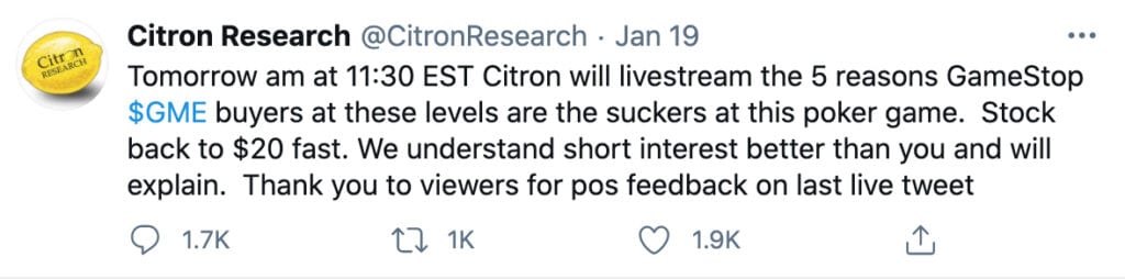 The tweet from Citron that eventually led to Robinhood blocking GameStop Trading.