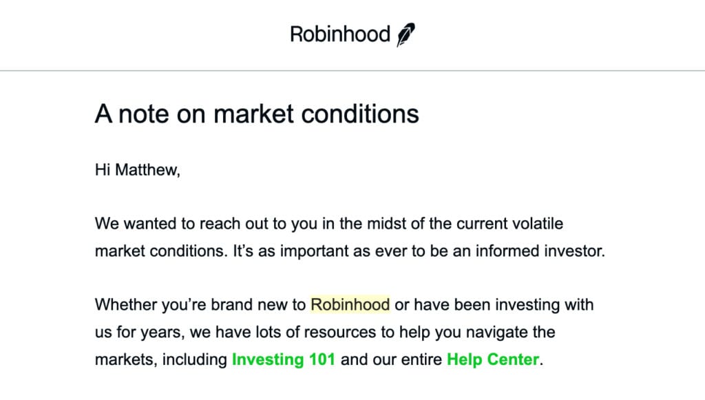 Robinhood's letter to users warning to be cautious that came shortly before Robinhood blocked GameStop trading. 