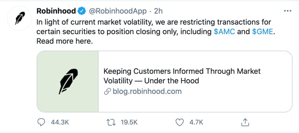 The tweet announcing Robinhood blocked GameStop trading on its platform. 