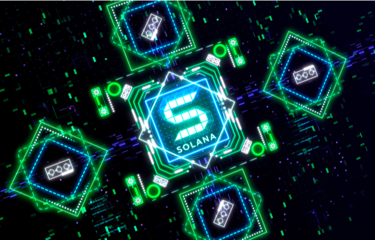 The Solana cryptocurrency logo amidst neon blockchain