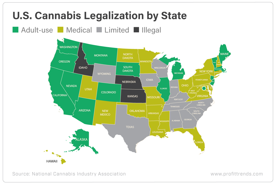 map of the U.S. states with cannabis legalization helps marijuana stocks