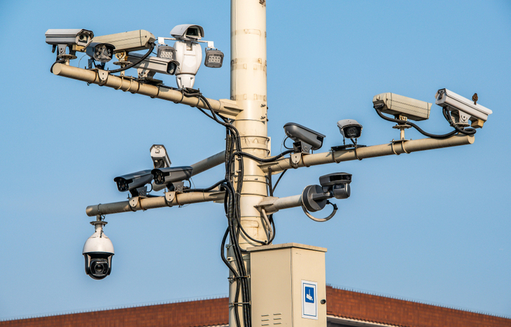 A pole of CCTVs in Beijing pointing every direction