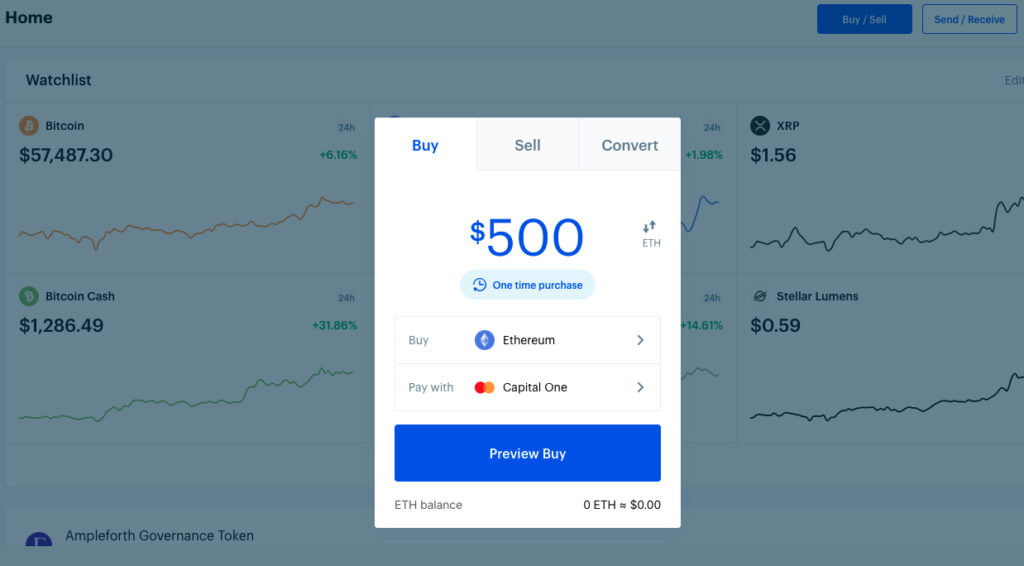 This is what it looks like when buying Ethereum on Coinbase.
