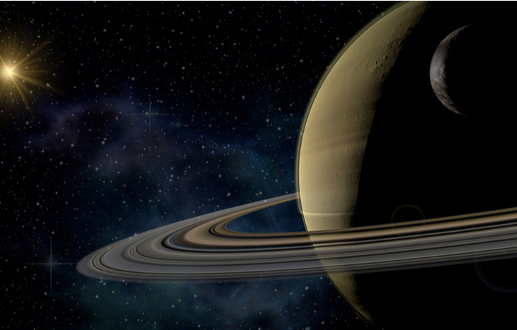 Un rendu de l'homonyme de la crypto Saturna, Saturne et ses lunes.