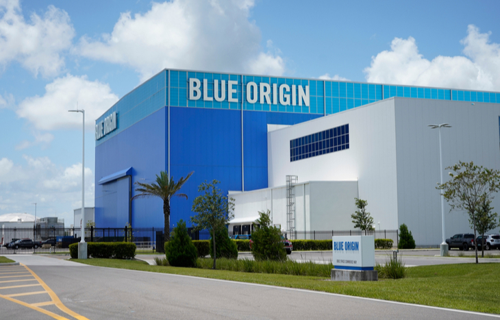 Investors want Blue Origin stock as the next big space stock play. Pictured is one of Blue Origin's facilities with the logo displayed.