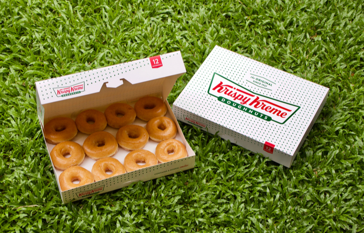 The Krispy Kreme IPO brings investors stock in one of the oldest U.S. doughnut chains. Pictured is a box of the company's original glazed donuts.