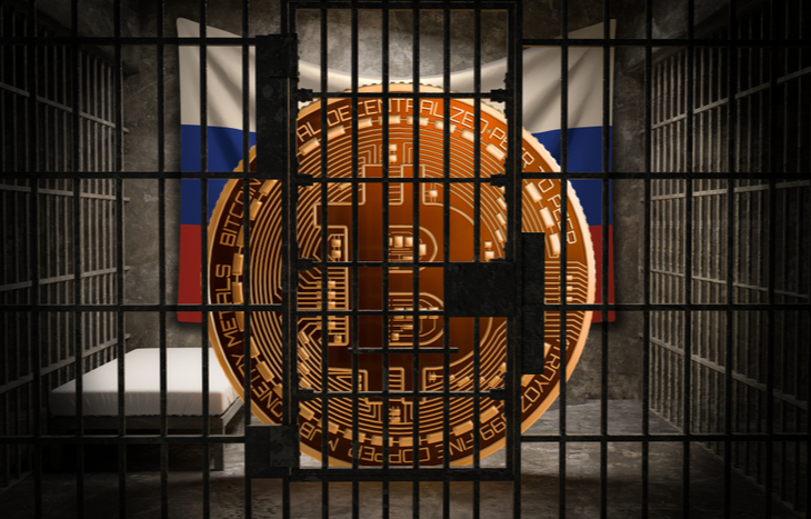 Illustration showing Bitcoin in jail after the Russia crypto ban.