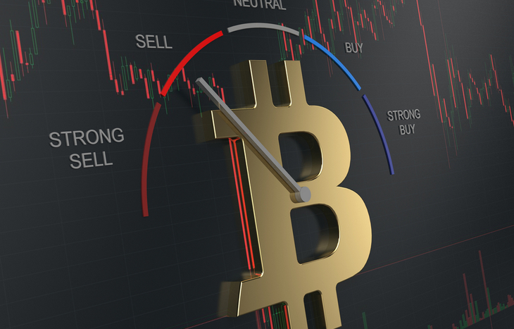 Illustration of the crypto fear and greed index showing a "buy" signal.