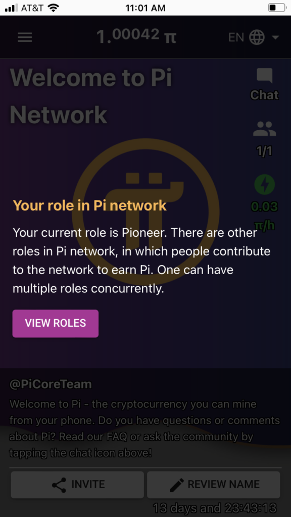 The welcome message from Pi Network app.
