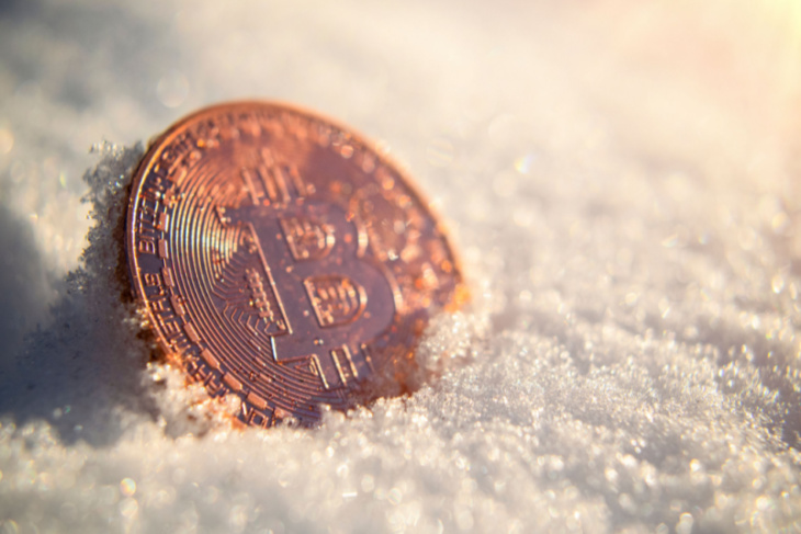 Image of a coin in snow to represent a crypto winter.